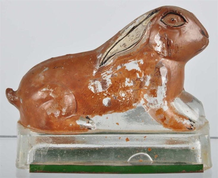 GLASS CROUCHING RABBIT CANDY CONTAINER.           