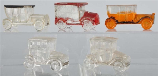 LOT OF 5: GLASS CAR CANDY CONTAINERS.             