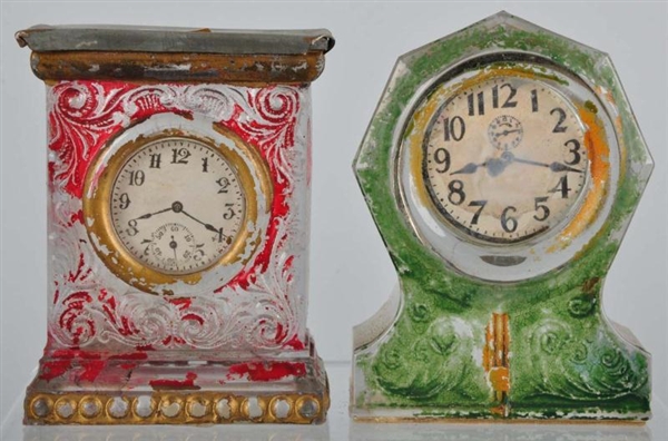 LOT OF 2: GLASS CLOCK CANDY CONTAINER BANKS.      