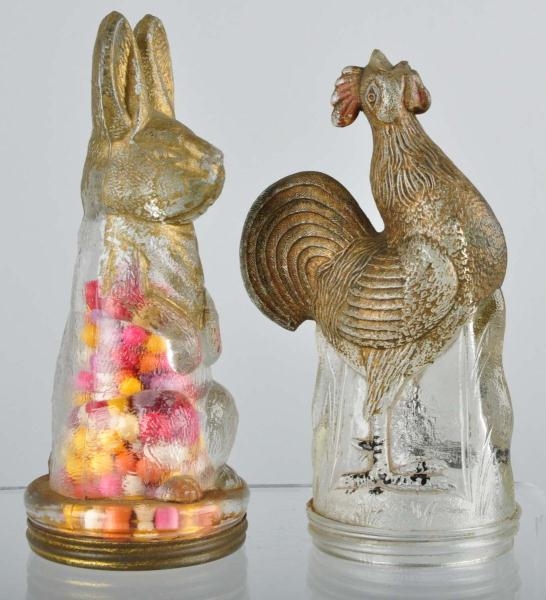 LOT OF 2: GLASS RABBIT & ROOSTER CANDY CONTAINERS 