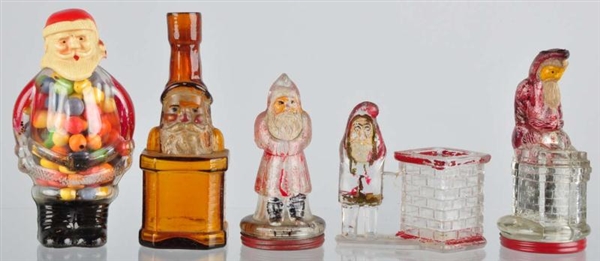 LOT OF 5: GLASS SANTA CANDY CONTAINERS.           