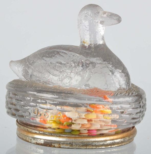 GLASS DUCK ON NEST CANDY CONTAINER.               