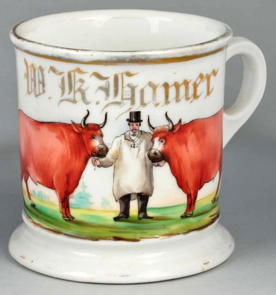 MAN IN TOP HOT WITH TWO STEER SHAVING MUG.        