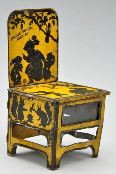 TIN FLOSSIE FISHER CHAIR CANDY CONTAINER.         