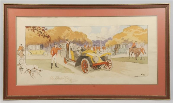 FRAMED FRENCH GAMY HUNTING SCENE WATERCOLOR.      