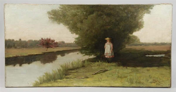 EARLY WOMAN NEAR CREEK OIL PAINTING.              