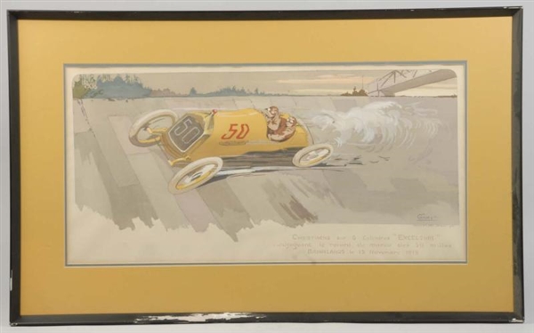 EARLY FRAMED FRENCH GAMY RACE CAR SCENE PRINT.    