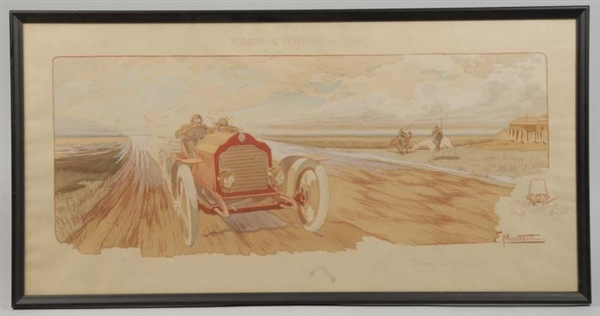 FRAMED FRENCH MONTAUT AUTOMOBILE SCENE PRINT.     