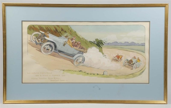 FRAMED FRENCH GAMY RACE CAR SCENE PRINT.          