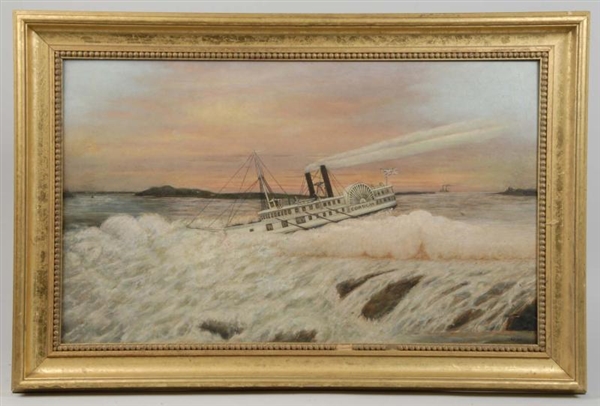 FRAMED 19TH CENTURY PADDLE BOAT OIL PAINTING.     