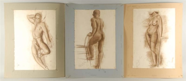 LOT OF 3: EARLY NUDE CHARCOAL DRAWINGS.           