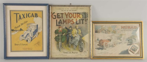 LOT OF 3: FRAMED EARLY VEHICLE RELATED ITEMS.     