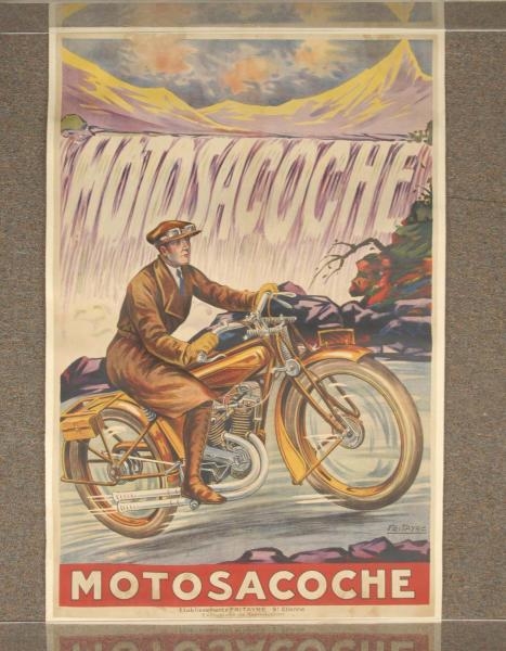 EARLY FRENCH MOTORCYCLE POSTER MOUNTED ON LINEN.  