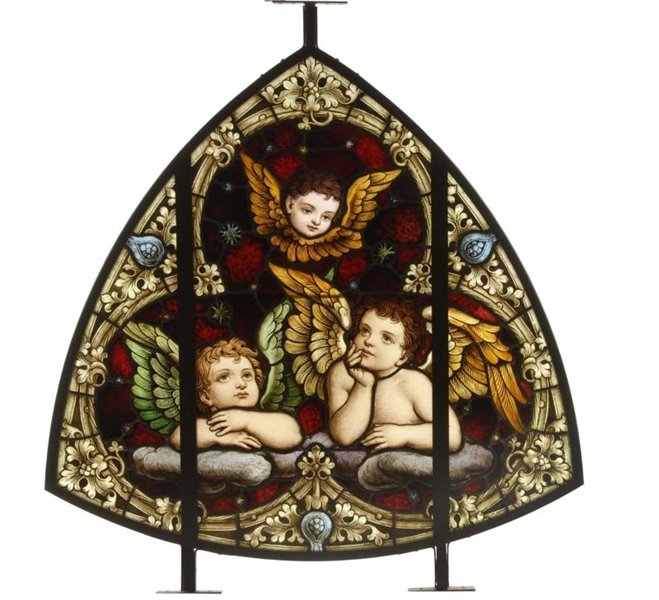 STAINED GLASS WINDOW WITH CHERUB.                 