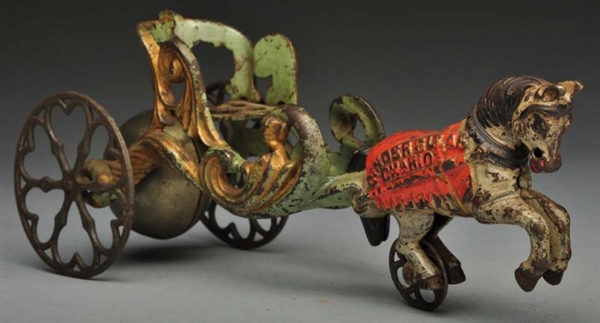 CAST IRON HORSE-DRAWN GONG BELL TOY.              