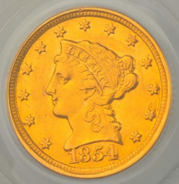 1854-D $2.5  GOLD LIBERTY QUARTER EAGLE AU-58 PCG 