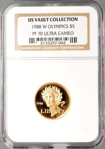 1988 W OLYMPICS $5 PROOF 70 ULTRA CAMEO GOLD NGC. 