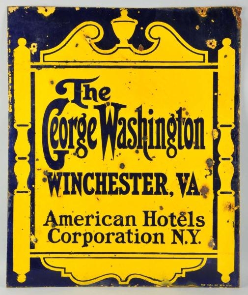 PORCELAIN TWO-SIDED GEORGE WASHINGTON HOTEL SIGN. 