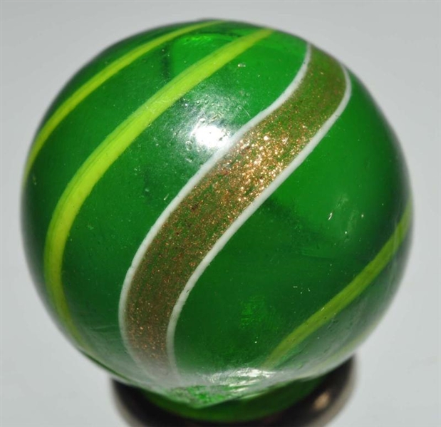 GREEN TRANSLUCENT BANDED LUTZ MARBLE.             