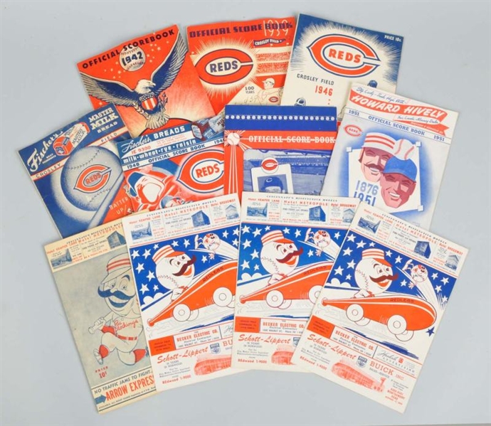 LOT OF 11: 1930S-50S CINCINNATI REDS SCORECARDS.  