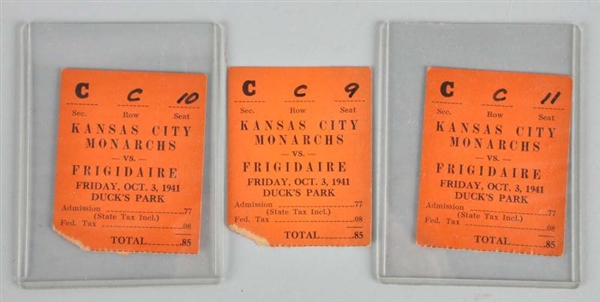 LOT OF 3: KANSAS CITY MONARCHS TICKET STUBS.      