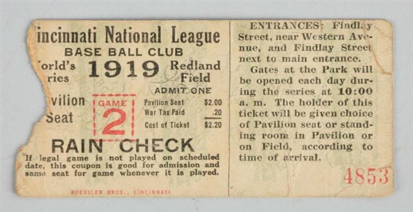 1919 CINCINNATI NL BASEBALL CLUB TICKET STUB.     