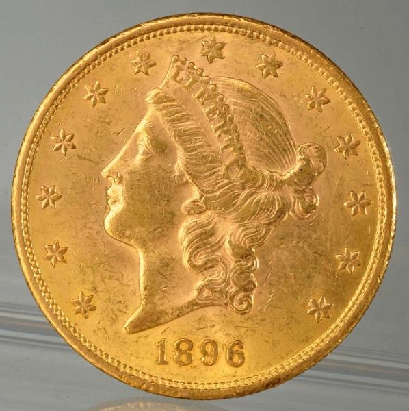 1896-S $20 LIBERTY DOUBLE EAGLE GOLD COIN AU+.    