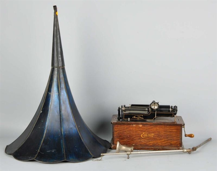 EDISON PHONOGRAPH WITH BLACK MORNING GLORY HORN.  