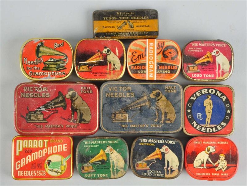 LOT OF 12: EARLY NEEDLE TINS.                     