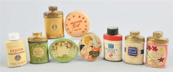 LOT OF 9: EARLY TALC TINS.                        