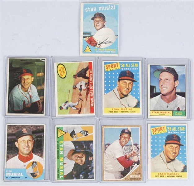 LOT OF 9: STAN MUSIAL BASEBALL CARDS.             