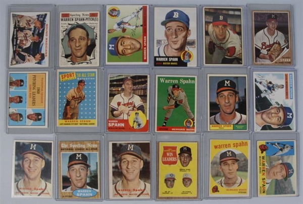 LOT OF 18: WARREN SPAHN BASEBALL CARDS.           