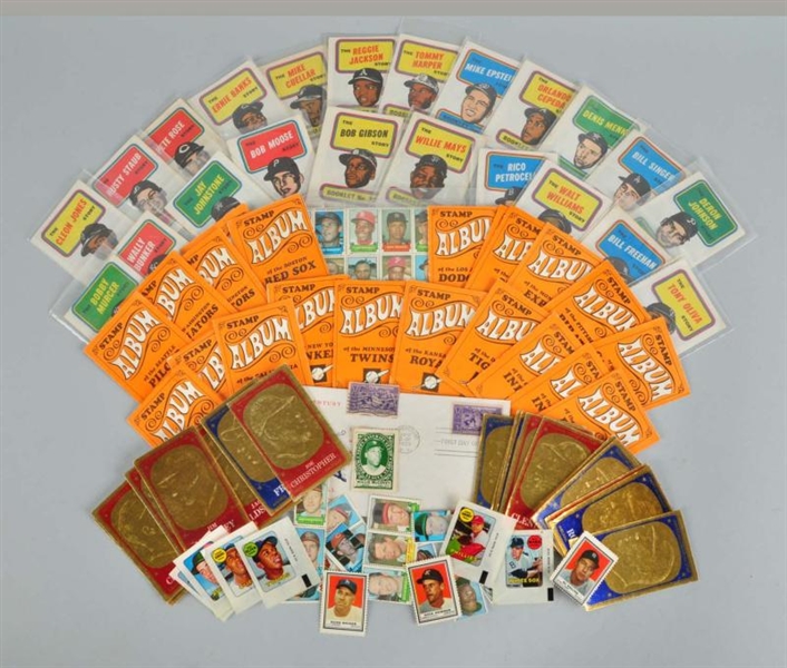 LOT OF BASEBALL CARDS, STAMPS, & BOOKLETS.        