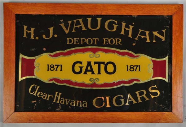 1871 REVERSE ON GLASS GATO CIGAR SIGN.            