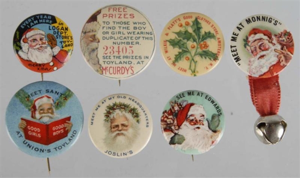 LOT OF 7: CELLULOID SANTA PIN BACK BUTTONS.       