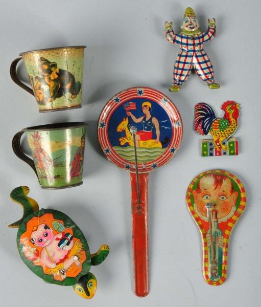 LOT OF 7: TIN LITHO TOY ITEMS.                    