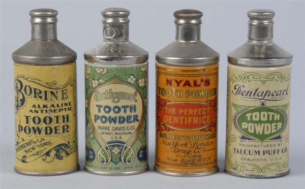 LOT OF 4: ASSORTED EARLY TOOTH POWDER TINS.       