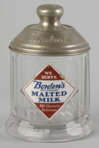 GLASS BORDENS MALTED MILK CANISTER WITH LID.     