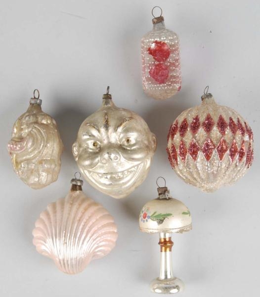 LOT OF 6: GLASS CHRISTMAS FIGURAL ORNAMENTS.      