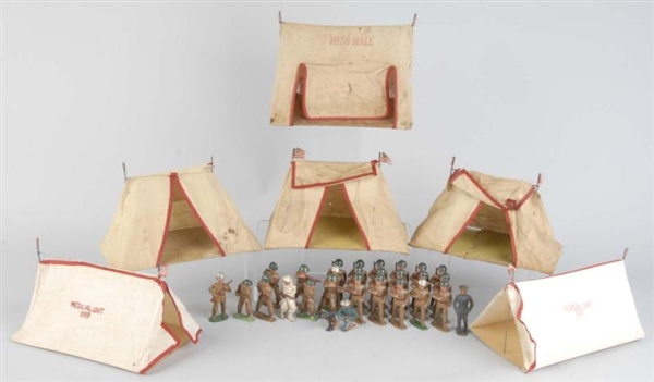 LOT OF 25: BARCLAY METAL SOLDIERS WITH TENTS.     