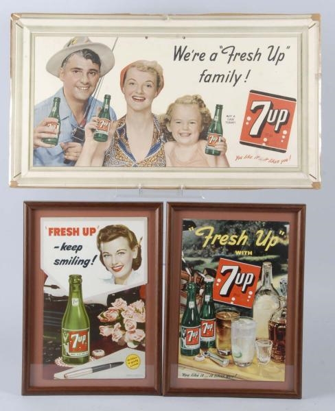 LOT OF 3: ASSORTED CARDBOARD 7 UP SIGNS.          
