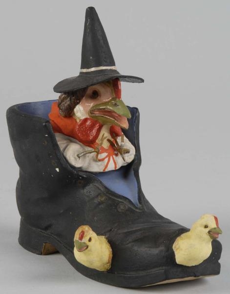 HALLOWEEN ROOSTER WITCH IN BOOT CANDY CONTAINER.  