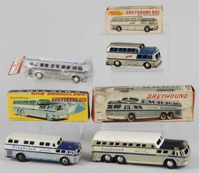 LOT OF 4: TIN GREYHOUND BUS FRICTION TOYS.        