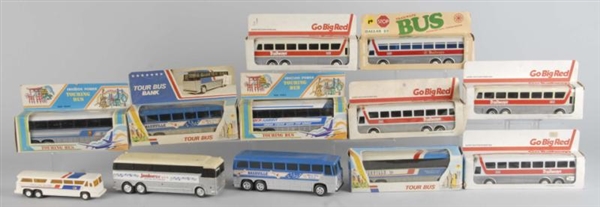 LOT OF 12: PLASTIC BUS TOYS.                      