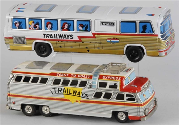 LOT OF 2: TIN LITHO TRAILWAYS BUS TOYS.           