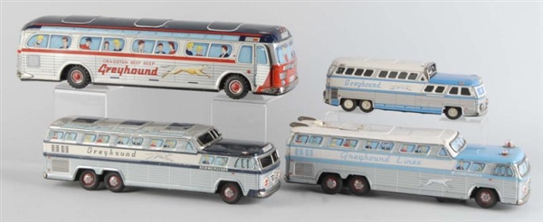 LOT OF 4: TIN LITHO GREYHOUND BUS TOYS.           