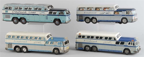 LOT OF 4: TIN GREYHOUND SCENICRUISER BUS TOYS.    