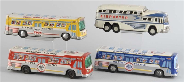 LOT OF 4: TIN AIRPORT-THEMED BUS FRICTION TOYS.   