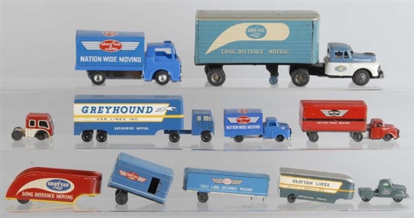 LOT OF 10: GREYLINE TRUCK & MOVING VAN TOYS.      