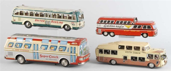 LOT OF 4: TIN LITHO BUS TOYS.                     